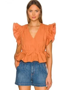Ulla Johnson Iyla Top Peplum Cotton Clay Orange Size 0 V Neck Ruffle - Picture 1 of 6