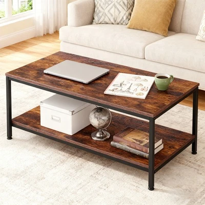 Coffee Table End Table Industrial 2-Tier Tea Table w/ Storage Shelf Rustic Brown - Image 1 of 4