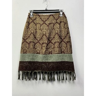 J. Jill Skirt Womens 2 Petite Brown Paisley Print Wool Blend Lined Pencil Tassel - Image 1 of 4