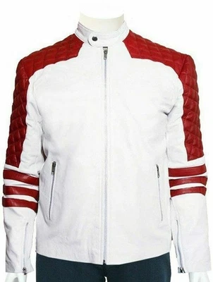Men's White & Red Biker Jacket 100% Real Lambskin Soft Genuine Leather Jacket - Image 1 of 4