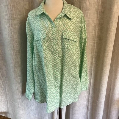 Charter Club Mujer 3X Lino Abotonado Verde Blanco Estampado Rollo Pestaña Playa Costera Foto 1 de 4