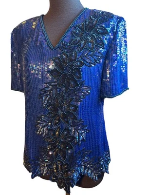 Top de vacaciones vintage para mujer Stenay azul ornamentado floral seda con cuentas lentejuelas talla PM Foto 1 de 4