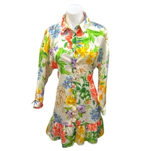 Zara Mini-Shirtkleid mehrfarbig Blumen Langarm Knopfleiste Taille zum Binden Rüschen M - Bild 1 von 3