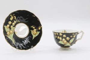 Aynsley Crocus With Lily Of The Valley Glossy Black Background Cup & Saucer - Picture 1 of 9