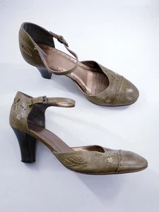 M&S Per Una size 6 green leather buckle ankle strap block heel court shoes - Picture 1 of 9