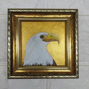 Original Weißkopfseeadler Gemälde Vogel Portrait Kunst golden GERAHMT klein handgemalt - Bild 1 von 9