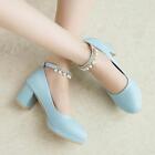 Chic Womens Cute Round Toe Chunky Heel Crystal Pearls Pumps Party Dress Shoes