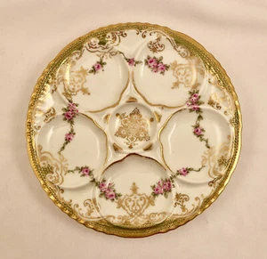 Antique Theodore Haviland Limoges Oyster/Clam Plate, Rose Garlands & Gold - Picture 1 of 6