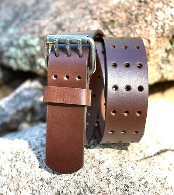 Cinturón de cuero liso grueso pesado de tres orificios triple punta de grano completo para hombre HECHO EN EE. UU. Foto 1 de 4