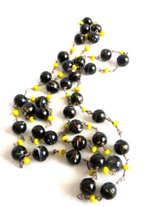 VINTAGE MURANO 36" BLACK HANDPAINTED GLASS BEADS & YELLOW GLASS BEADS NECKLACE - Picture 1 of 7