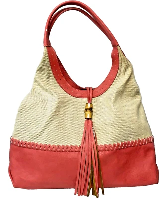 Bolso de Hombro Grande Big Buddha Lona Tostada Coral Imitación Cuero con Borla 3 Bolsillos Foto 1 de 4