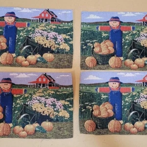 Set Of 4 Fall-Themed Tapestry Placemats With Scarecrow & Farmhouse Design - Picture 1 of 8