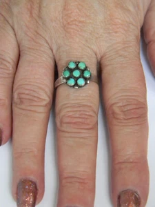 N.A. Zuni Signed RQ Panteah Sterling Silver & Turquoise Cluster Ring Sz 8.5 - Picture 1 of 10