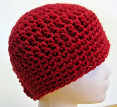 Red Wool Beanie Chunky Maroon Skull Cap Men Women Hat Handmade Crochet Knit OS - Image 1 of 4