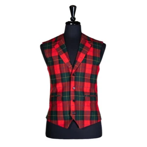 Mens Vest Suit Lapel Tartan Plaid Red Green Wool Wedding Waistcoat Medium 40 - Picture 1 of 8