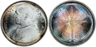 Vatican City 1968 Silver 500 Lire KM-107 PCGS MS64 Rainbow Color Toned Beauty - Image 1 of 4