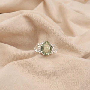 Natural Amethyst Gemstone 925 Sterling Silver Ring Green Pear Shape Ring For Her - Picture 1 of 6