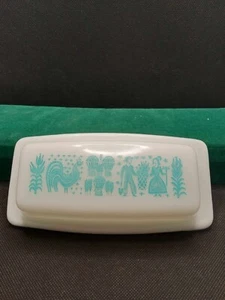 Vtg Pyrex Glass Butter Dish W/ Lid Amish Print Butterprint Turquoise White - Picture 1 of 5