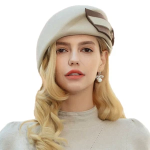 Boina de fieltro de lana sombreros mujeres Fedora arco iglesia sombrero boda invierno boina mujer - Imagen 1 de 5