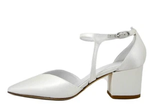 Chaussures Mariage Avec Bracelet Satin Soie Ivoire Talon Bas 5 CM Made IN Italy - Picture 1 of 5