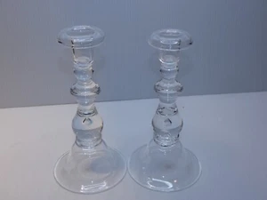 Steuben Crystal Pair Tall Taper Candle Holders w Tear Drop Design, Rolled Tops - Picture 1 of 9
