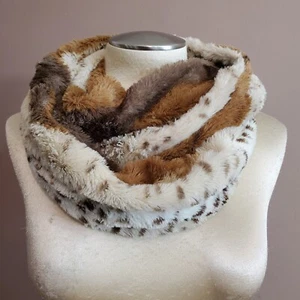 Faux Fur Infinity Scarf 7.5x30" drop Brown Spotted Animal Print Soft Cuddly Warm - Picture 1 of 8