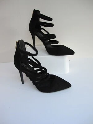 Talla 5 BOOHOO Tacones de Gamuza Negros-Tacón Cremallera-Tirantes Superior-Stiletto - En muy buena condición Foto 1 de 4
