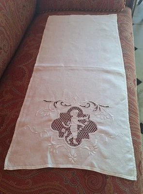 Antica Tendine Tenda Tende Lino Ricamo Mano Inserto Tombolo Singola Cm41x86. - Immagine 1 di 2