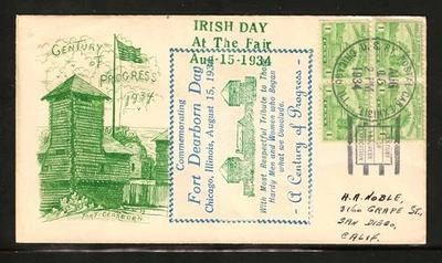 1934 CENTURY OF PROGRESS EXPO - IRISH DAY - FT DEEARBORN RAILWAY CANCEL - Image 1 of 2
