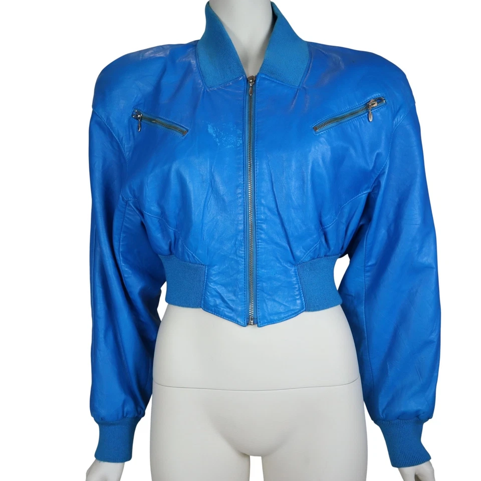 Chaqueta Bomber De Colección Michael Hoban Cuero Eléctrica Azul Años 80 Para Mujer Pequeña Foto 1 de 4