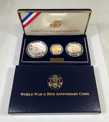 1991-1995 World War II 50th Anniversary Gold & Silver 3 Coin Proof Set OGP - Image 1 of 4