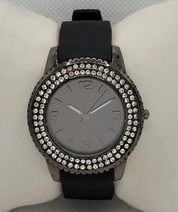 Ladies Casual Round Paved Bezel Black Case Poly Band Analog Watch K9 - Picture 1 of 8