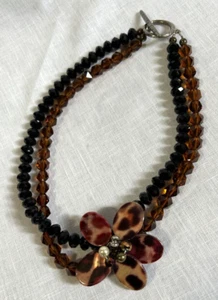 Brown & Black Glass Facet Bead Statement Necklace With Leopard Flower Pendant - Picture 1 of 3