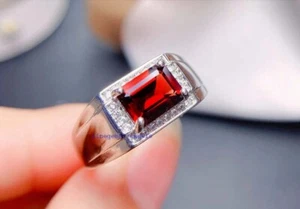 Natural Garnet & CZ Gemstones with 925 Sterling Silver Ring For Men's #9930 - Picture 1 of 4