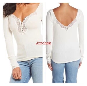 NWT Free People Button Up Lace Trim Long Sleeve Ribbed Top Ivory SZ L Free Ship - Picture 1 of 5