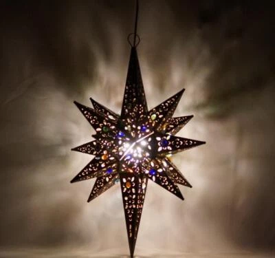 Moravian LONG Star Pierced Metal Glass Pendant Light Lamp Hanging w/marbels 21" - Image 1 of 4