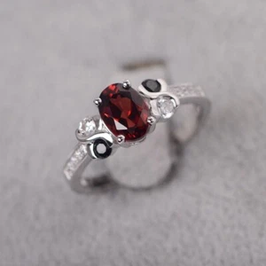 Minimal Red Garnet Ring Natural Gemstone Oval Cut 925 Sterling Silver Ring - Picture 1 of 5
