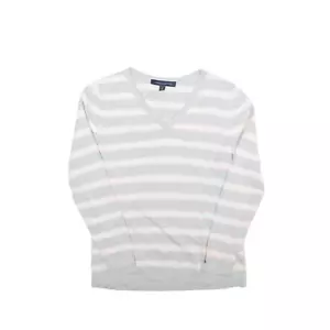 TOMMY HILFIGER Striped Sweatshirt Grey V-Neck Womens M - Picture 1 of 6