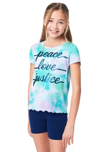 Justice Girls Top Blue 7/8 Tie Dye Pullover Short Sleeve Glitter Graphic Logo - Picture 1 of 8