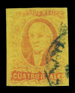 MEXICO 1867 HIDALGO 4r red, yellow - gothic dist.- Scott # 38 used - Picture 1 of 2