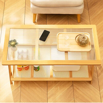 Coffee Table Living Room Glass Tabletop Modern Side Table with Lower Shelf Home - Image 1 of 4