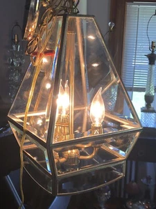 Vintage Beveled Glass & Brass tone Chandelier Hanging Light - Picture 1 of 10