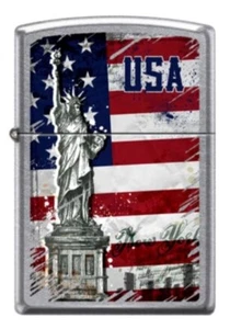 STATUE LIBERTY & USA FLAG / ZIPPO LIGHTER STREET CHROME / MADE IN USA NEW IN BOX - Picture 1 of 6