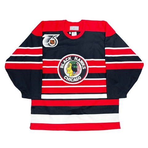 VTG CHICAGO BLACKHAWKS 75th TBTC BARBER POLE AUTHENTIC CCM HOCKEY JERSEY SIZE 48 Cover