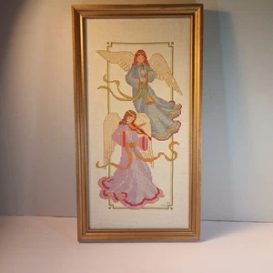 Ángeles Gloriosos Punto de Cruz Acabado Enmarcado Madera Oro 17.5" x 9.5" Navidad - Imagen 1 de 7