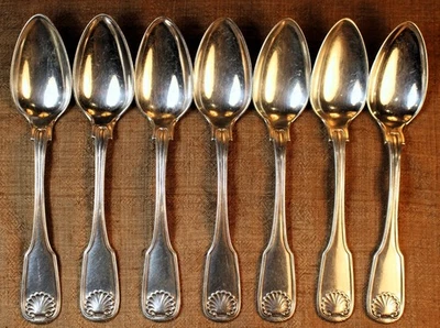 7 American THIBAULT Philadelphia Coin Silver Fiddle Thread&Shell Teaspoons c1820 - Image 1 of 4