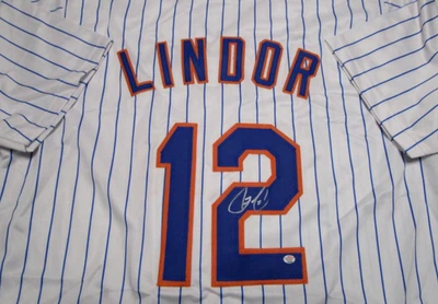 Camiseta de béisbol autografiada por Francisco Lindor de los Mets de Nueva York certificado de autenticidad PAAS auténtica tallada Foto 1 de 2
