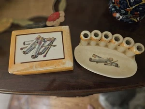 Set portasigarette e posacenere vintage anni 50 in ceramica smaltata ceco - Foto 1 di 5