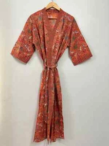 Indian Handmade Vintage Kimono Floral Print Cotton Bath Robes Maxi Night Gown - Picture 1 of 9