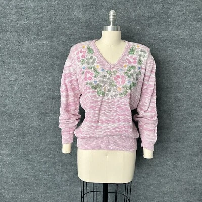 复古花卉毛衣女式小号粉色粉彩 Modest V 领 80 年代套衫 — 第 1/4 张图片